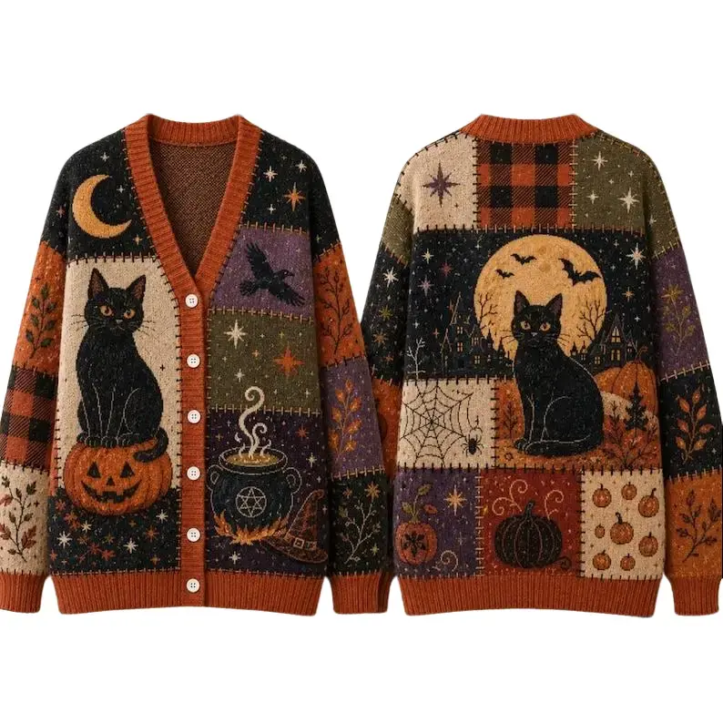 Halloween Patchwork Cardigan for Women 2026, Black Cat Pumpkin Sweater, Witchy Moon Bat Cardigan, Spooky Season 2026, Gift for Her