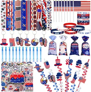 128 Pcs 4Th of July Accessories Patriotic Party Favors, 4Th of July Accessories Bracelets, Hand Held USA Flags,Keychains ,Bubble Sticks,Stickers, Independence Day Memorial Day Accessories Parades CHOOHC