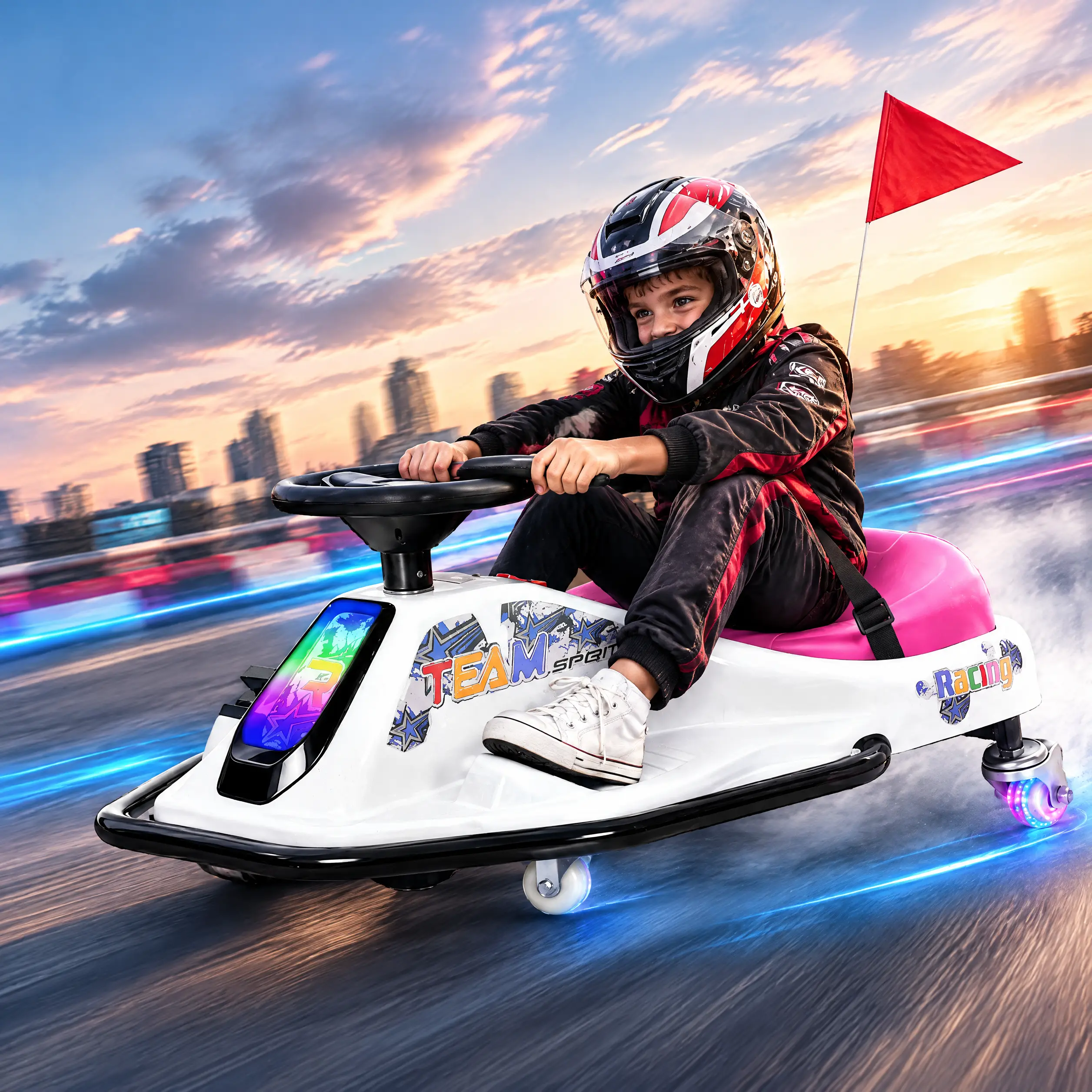 PHIVILLA 24V Electric Drift Go Kart for Kids, 2-in-1 Wiggle & Drift Ride-On Car with 360° Spin, 9.3 MPH, Light-Up Rear Wheels, Bluetooth Music, Safety Harness & Slow Start, Ages 3+, Christmas Gift for Boys & Girls