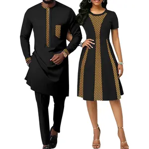 African Attire for Couple Women Print Wax Crew Neck Dress with Men Dashiki Long Vest Shirt and Pants Sets Casual Clothes