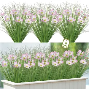 8 Pcs Artificial Onion Grass & Cosmos Flowers, Realistic Plastic Plants, Faux Greenery Stems for Outdoor Garden, Indoor Decor, Lifelike Fake Plant
