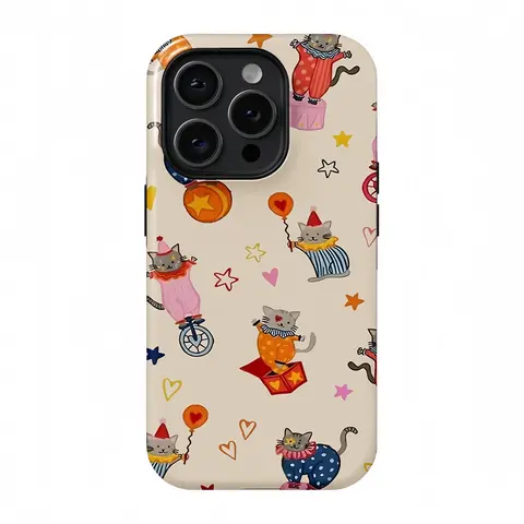 Circus Cat Multi-Model Phone Cover Casing for iPhone 17 Pro,17 Pro Max,16,15,14,13 - Playful Clown Kitten Print, Glossy Polycarbonate & Soft TPU Guards Daily Bumps, Flexible Grip Soft-Touch Surface, Cellphone Accessory Protector
