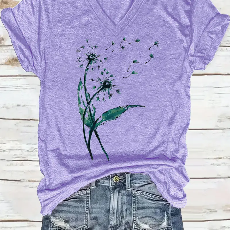 Women's Dandelion Print V Neck Tee, Casual Streetwear Floral Print Short Sleeve Loose T-Shirt for Summer, Ladies Clothes for Daily Wear, Top, Womenswear