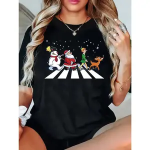Women's Plus Size Christmas Graphic T-Shirt - Santa Snowman Reindeer Print Casual Short Sleeve Round Neck Top, Slight Stretch Machine Washable Holiday Party & Casual Attire, Christmas Garland, Festive Attire, Festive Design, Comfortable Fit