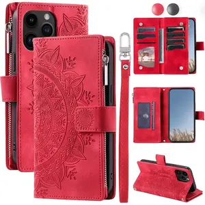 PU Leather Phone Case with Wrist Strap, 1 Count Zipper Wallet Card Slots Stand Mobile Phone Bag, Phone Cases Compatible with iPhone 16 15 14 13 12 Mini