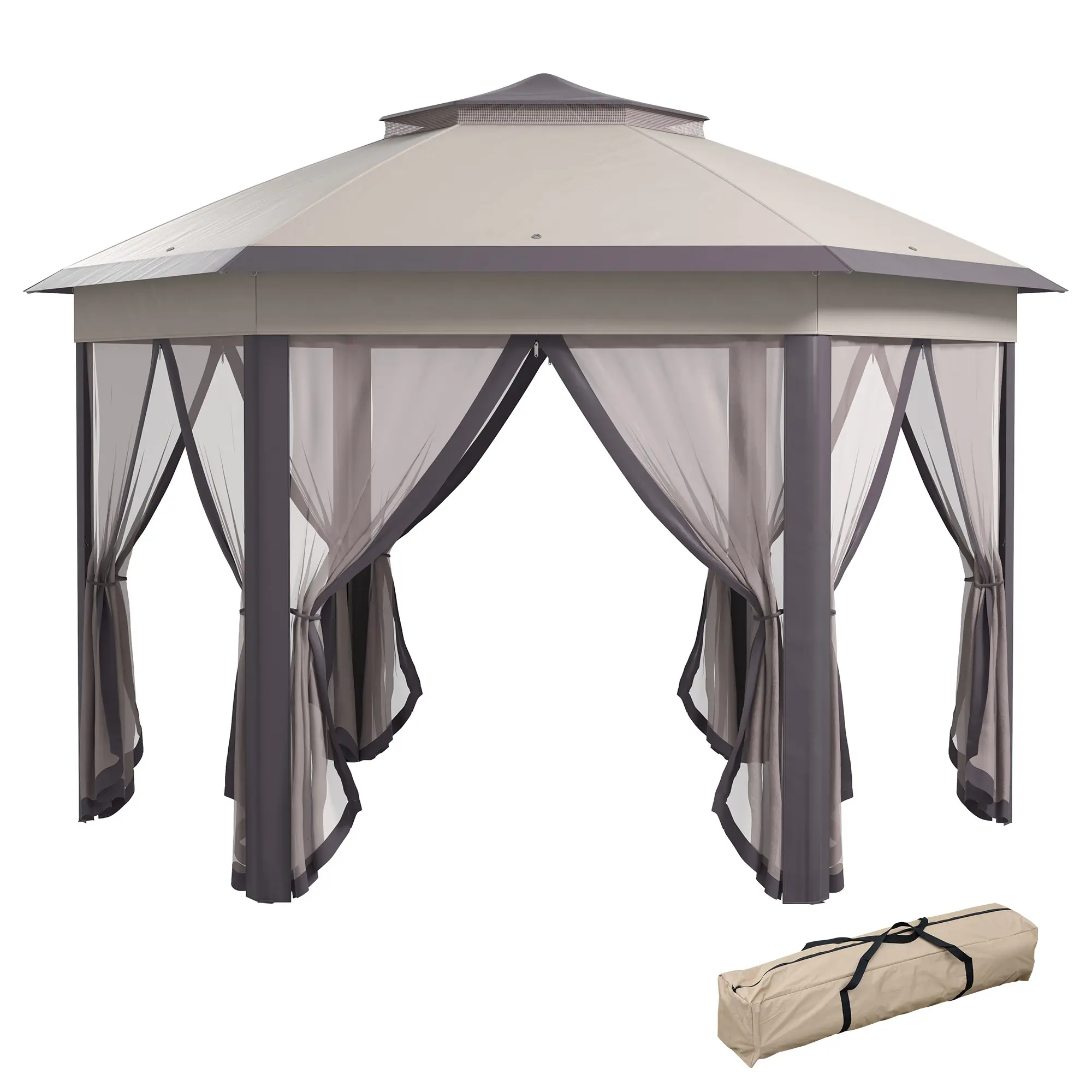 Outsunny 13' x 13' Pop Up Gazebo - Hexagonal UV Block Awning with 6 Zippered Mesh Netting, UV Resistant Canopy Shelter with Strong Steel Frame for Patio, Backyard, Coffee & Beige