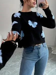 Elegant Women's Butterfly Knit Sweater, Blue Abaya Color, Warm Woolen Pullover for Fall Winter, Casual Long Sleeve Top Knitwear