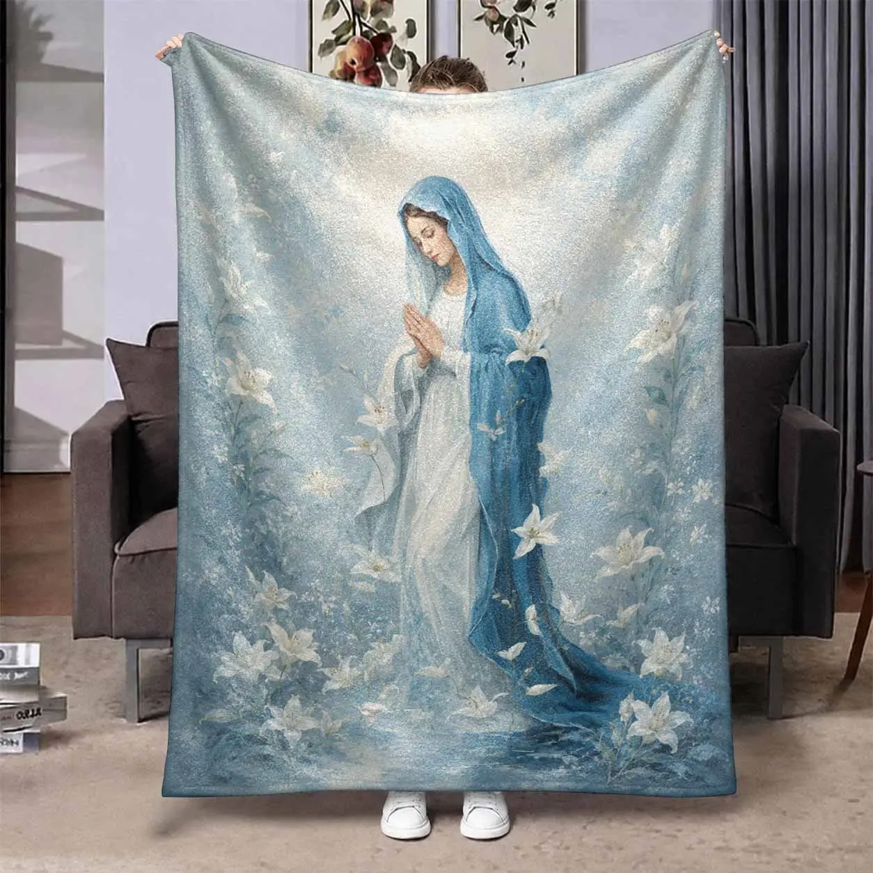 Virgin Mary fleece blanket. sacred lily floral art print. Perfect for bed. sofa. camping. cold movie theater or travel! A perfect gift for your family and friends. soft lightweight plush breathable fabric. ideal for bedroom and living room decor.