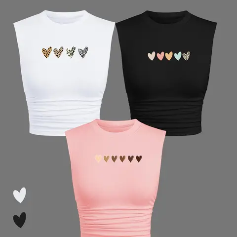 Women's Leopard & Heart Print Round Neck Chic Fashion Crop Tee, Casual Slim-fitting Short Sleeve T-shirt Top, Ladies Summer Clothes for Daily Wear Womenswear Fabric