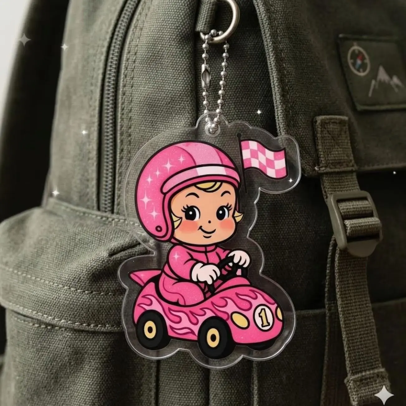 Pink Racing Kewpie Acrylic Keychain, Retro Biker Bag Charm, Coquette Keyring