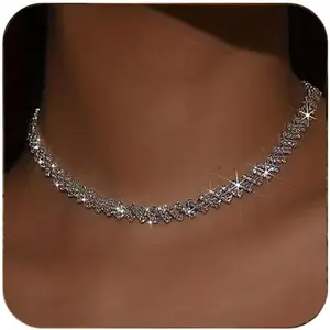Rhinestone Choker Necklace for Women Silver Diamond Choker Necklaces for Women Sparkly Crystal Rhinestone Necklace for Women Silver Chokers for Women Party Prom Wedding Jewelry Accessories