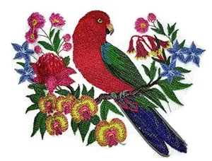 Nature Weaved in Threads, Amazing Birds Kingdom [Australian King Parrot with Flowers] [Custom and Unique] Embroidered Iron on/Sew Patch (6.26" x 5.9") [Made in USA]