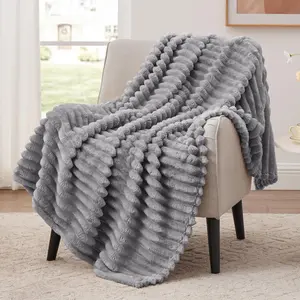 Fleece Throw Blanket for Couch or Bed - 3D Stripe Decorative - Cozy Soft Lightweight Fuzzy Flannel Blanket Suitable for All(50"*60",Light Grey)