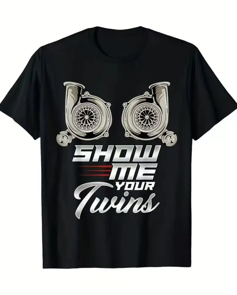 Twin Turbo Racing Graphic T-Shirt, Funny Car Enthusiast Tee, Turbocharger Streetwear Shirt, Men’s Casual Cotton Short Sleeve Top, JDM Racing Style Outfit, #fyp #viral #ootd #carlovers #turbolife