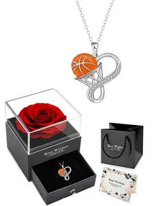 Basketball Heart Infinity Symbol Necklace, Copper Jewelry Pendant with Eternal Rose Gift Box, Perfect for Mother Wife Girlfriend Birthday Anniversary Valentine's Day