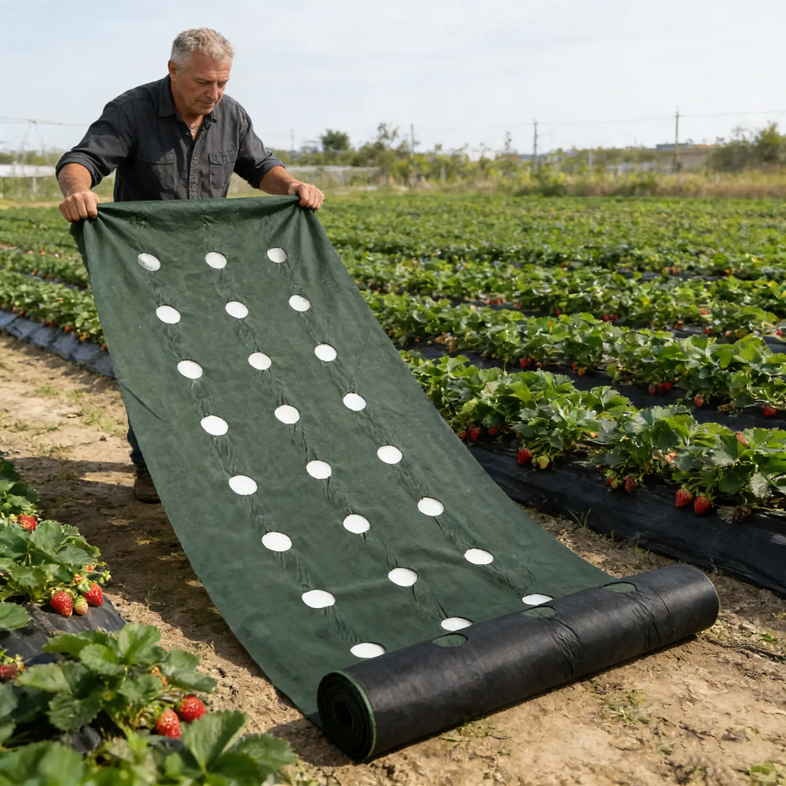 Perforated Landscape Fabric with 8 Premium Ground Stakes, Double-Layer Thick Non-Woven Material for Durable Weed Control, Water-Permeable & Breathable for Landscaping, Raised Beds, Farm Gardens