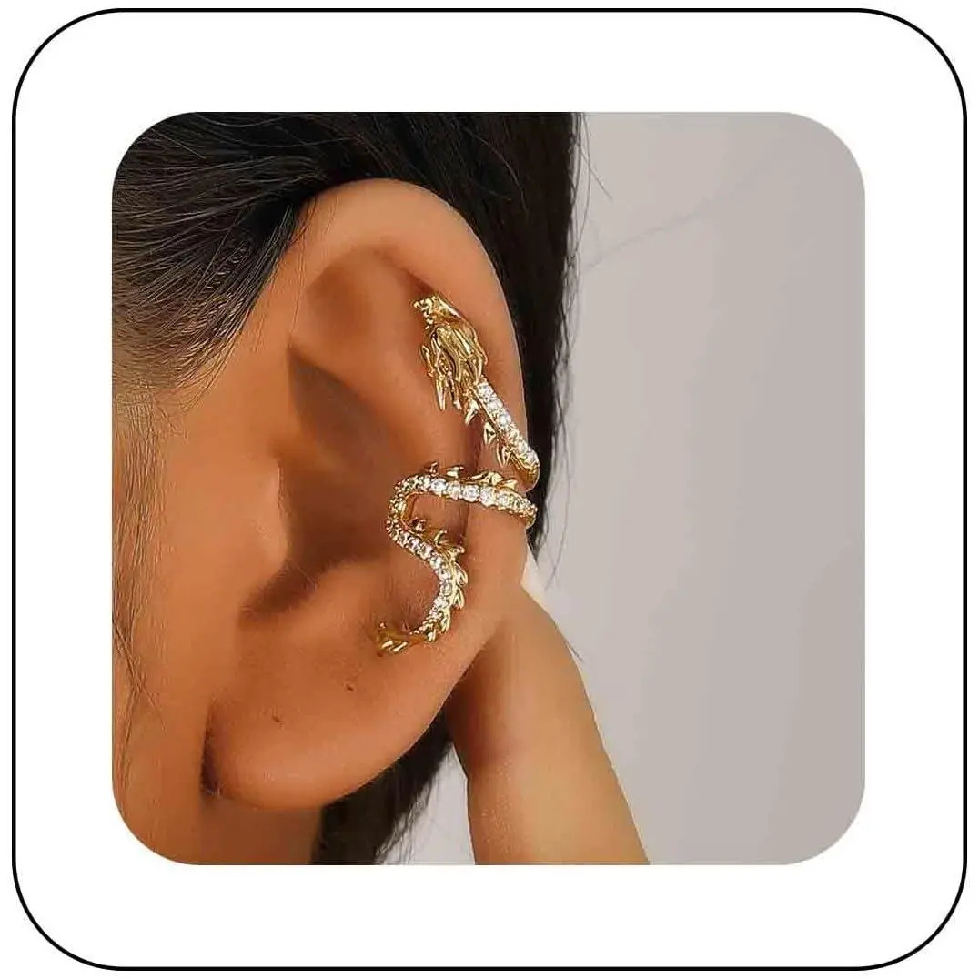 Gothic Gold Dragon Ear Cuff Earring Crystal Dragon Cuff Climber Earring Punk Metal Dragon Earrings Cz Rhinestone Dragon Crawler Earring Animal Non Piercing Earring Jewelry for Women