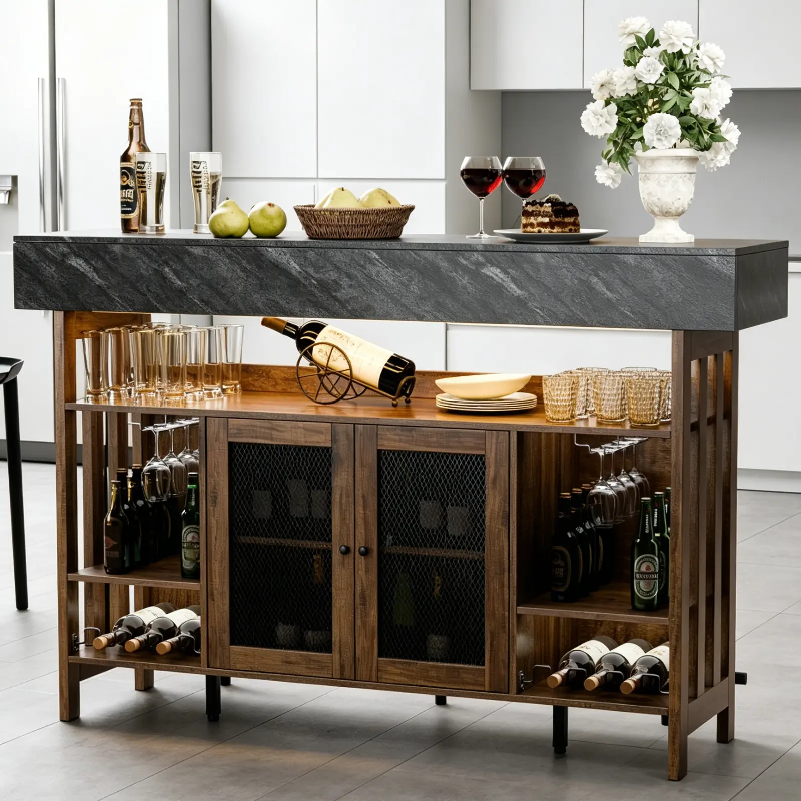 Loomie 41.3" Bar Table with Grey Marble tabletop and 2 Drawers, Rustic Brown Home Bar Cabinet with Footrest, Support Feet and Bottom Cabinet, Wine Liquor Bar for Home Pub Bar, 41.3 Inches, Assembly Required