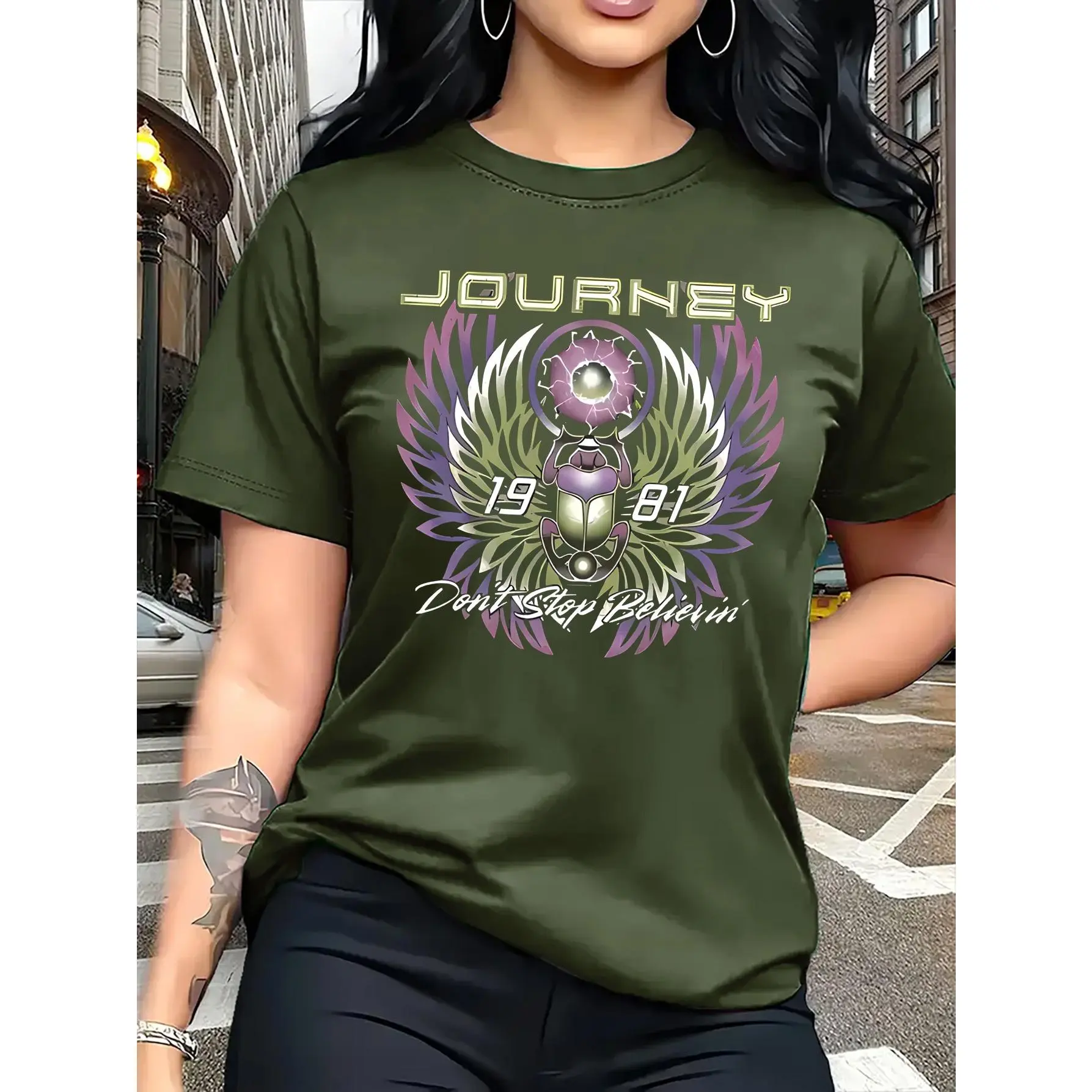 Women'S Retro Journey Graphic T-Shirt - Vintage 1981 Travel Poster Design with Wings -  - Lightweight Crew Neck Summer Top for Women - Nostalgic '80s Inspired Outfit Essential, Vintage Tshirt, Casual Wear, Artistic Print Shirt, Bre