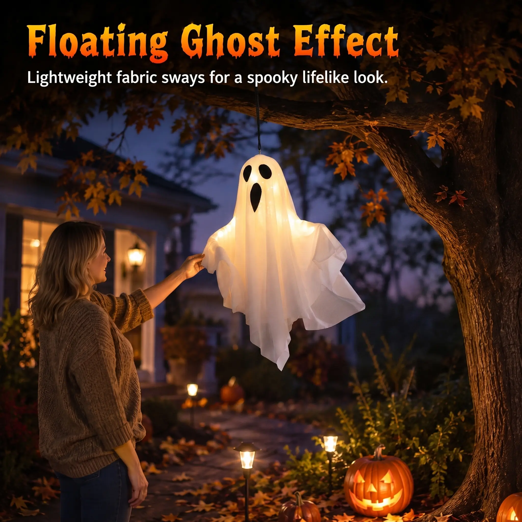 Halloween Decorations Indoor Outdoor, LED Light-Up Swinging Ghost Spooky Ghost Halloween Decor Crafts, 19.7*15.7'' Hanging Outdoor Decor for Yd, Porch & Party, Halloween Decorations Outdoor, Party Lighting Decoration