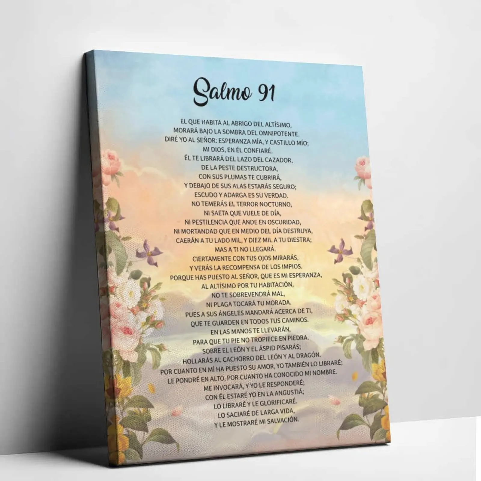 Salmo 91 en Español Cuadro de Pared – Póster Vintage Arte Cristiano con Flores – Decoración para Dormitorio, Escritorio, Oficina, Hogar.