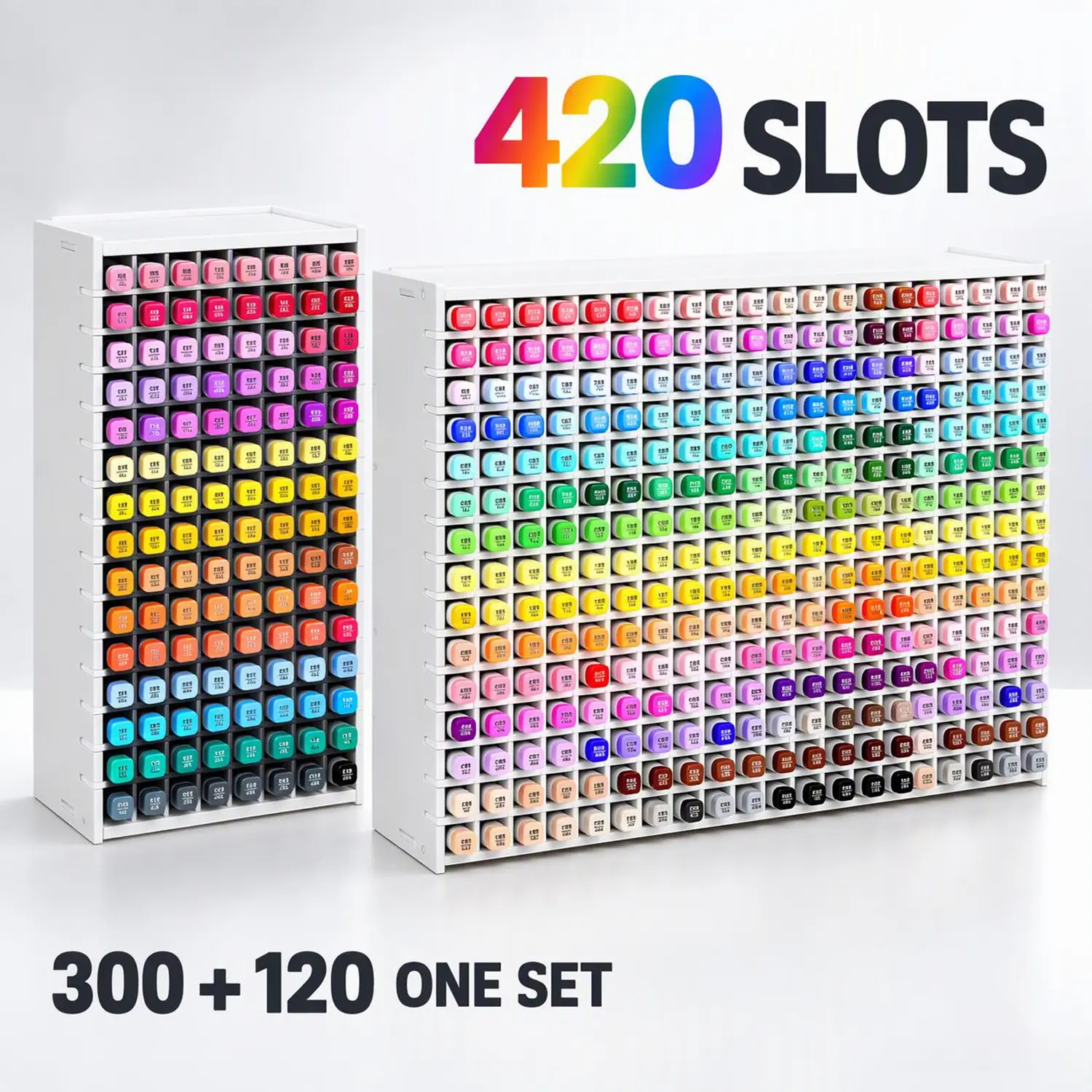 420 Slots Marker Storage Organizer Set (300+120 Slots), 2-Pack Horizontal Desk Organizer Holder for Alcohol Markers Pens Pencils Art Brushes, Large Capacity Multifunctional Stationery Storage Rack for Home Office Art Studio