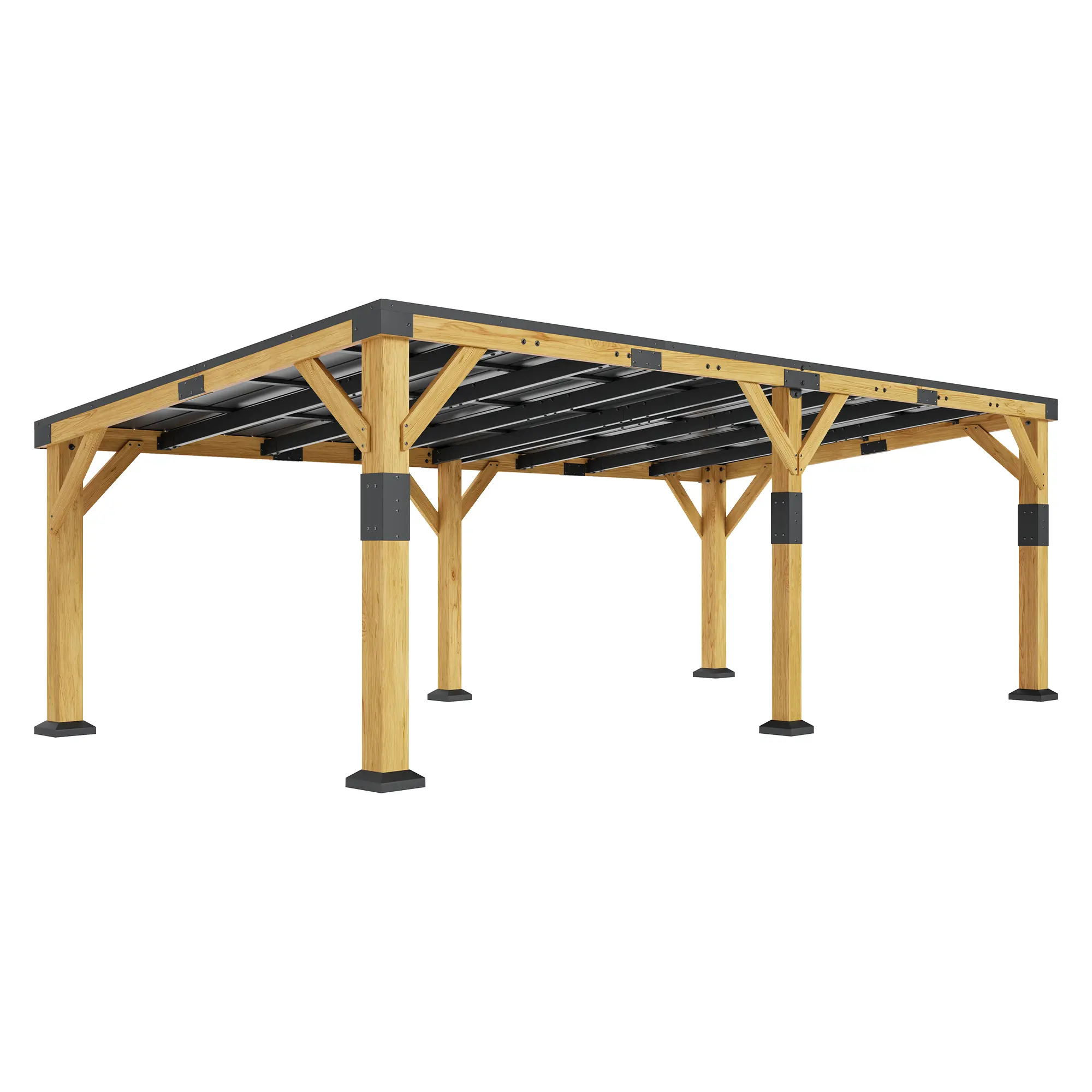 VanAcc Solid Wood Gazebo with Metal Hardtop, Large Outdoor Pavilion with Sloped Roof, Heavy Duty Pergola for Garden, Patio, Backyard