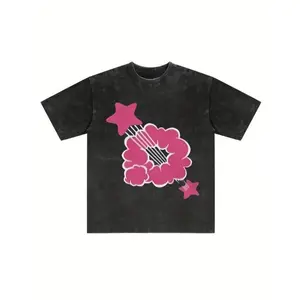 Labor Day Gift Washed Cotton T-shirt Featuring Playful Star and Cloud Patterns Comfortable Short Sleeve Casual Streetwear