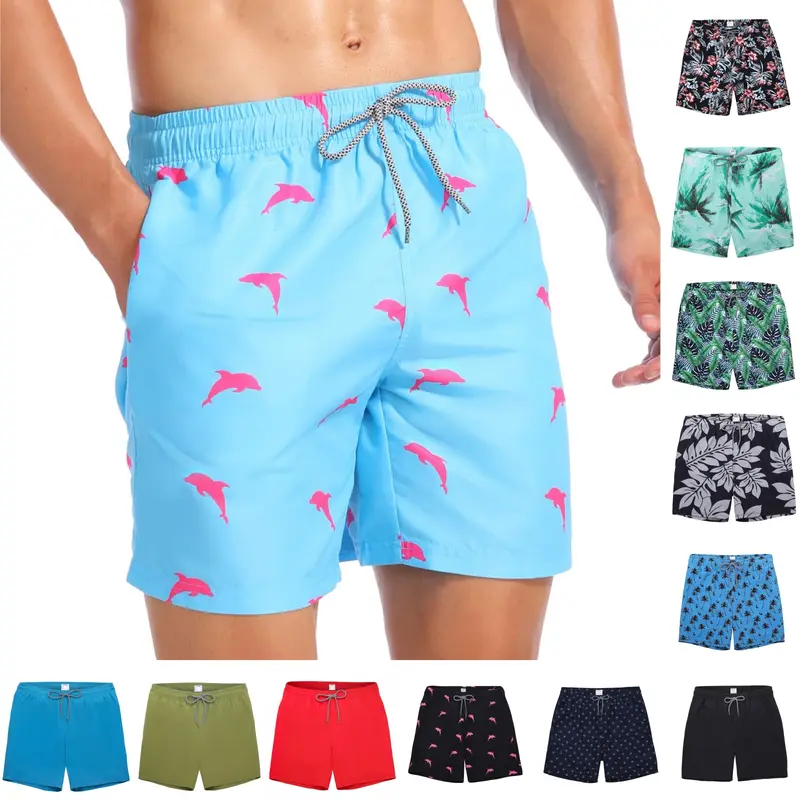 Men's 7" Above-the-Knee Quick-Dry Athletic Swim Trunks - Dragon Popcorn Design, Elastane Fabric, Compression Liner, Pockets, Surf Shorts for Beach, Water Sports (Brown, Beige Options)
