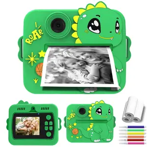 Cute cartoon unicorn and cute dinosaur pattern instant printing camera, 1080P high-definition camera toy, with 3 rolls of paper and 6 colored pens included, stimulating children's imagination and creativity, suitable as birthday gifts for boys and girls.