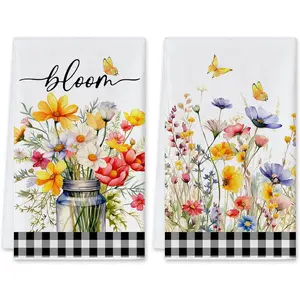 Spring Kitchen Towels Set of 2, Floral Hand  Dish Towels for Kitchen Decor,18x26 Inch Watercolor  Buffalo Plaid