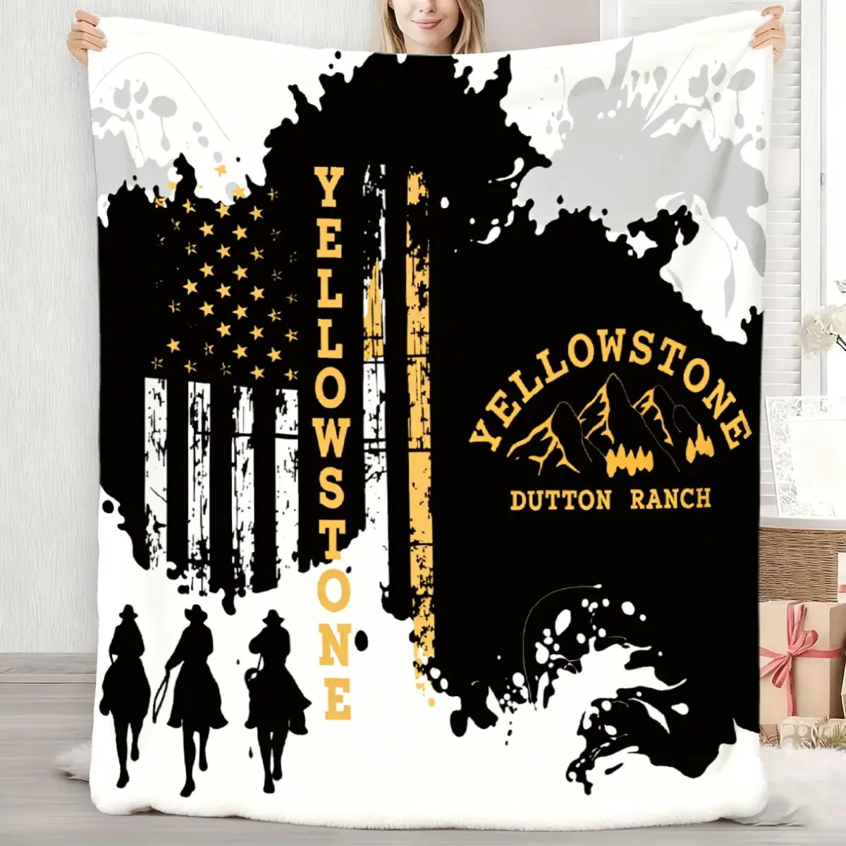 One Yellowstone Dutton Ranch Flag Silhouette Blanket Featuring Mountains, Made of Soft and Warm Flannel, Ideal for All Seasons. Perfect for Use on A Sofa, Bed, At The Office, As A Shawl, During Camping