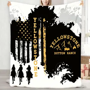 One Yellowstone Dutton Ranch Flag Silhouette Blanket Featuring Mountains, Made of Soft and Warm Flannel, Ideal for All Seasons. Perfect for Use on A Sofa, Bed, At The Office, As A Shawl, During Camping