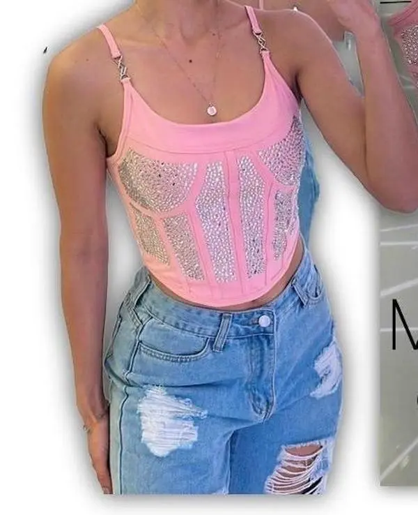 Top Stone Blue Rhinestone Mesh Crop Top for Women Fashionable Summer Outfit with Full Pedrería and Relleno en la Parte del Pecho