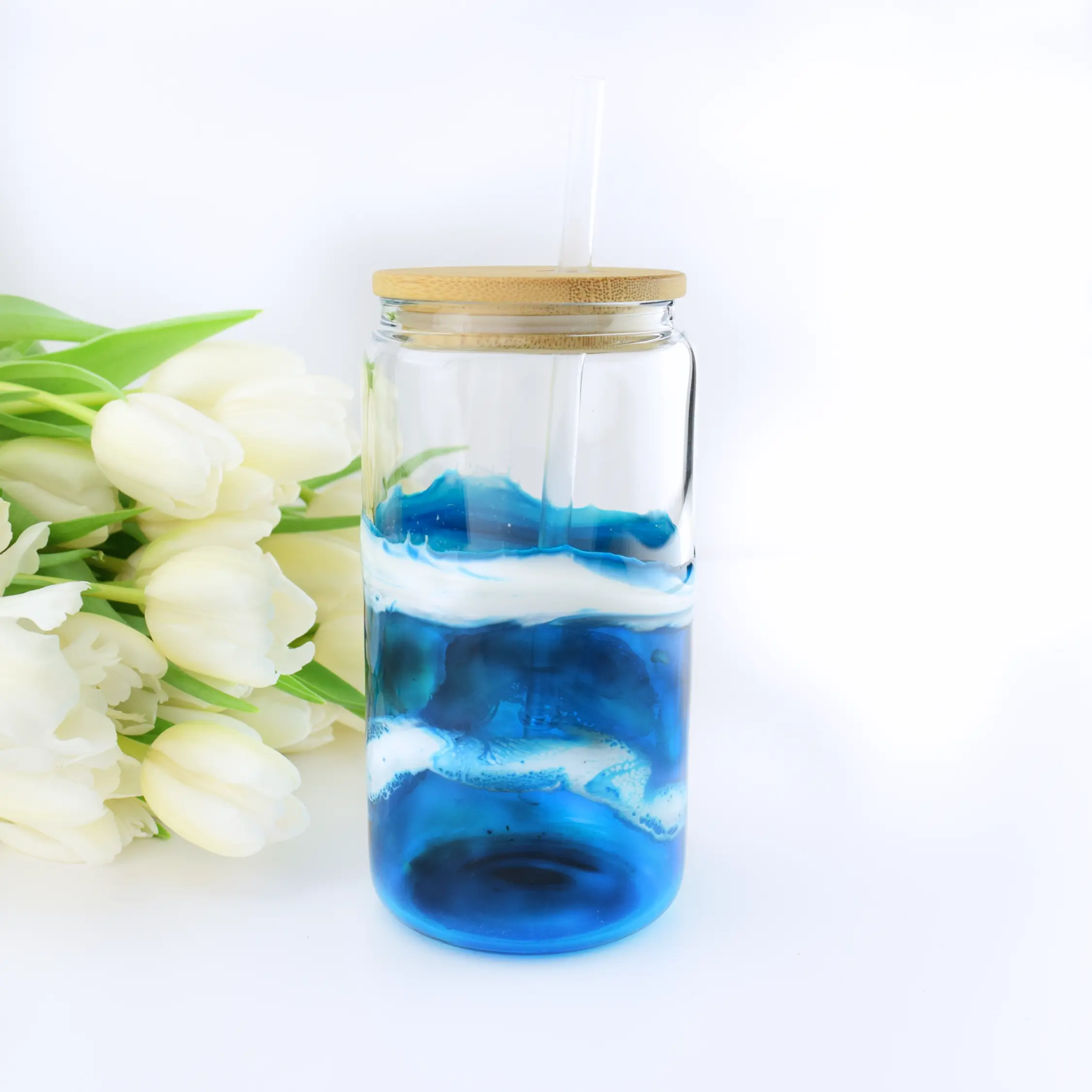 Ocean Inspired 16 Ounce Glass Can Tumbler with Bamboo Lid and Straw, Handmade Drinkware Coffee