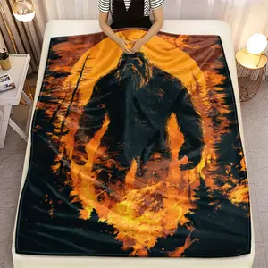 1pc Bigfoot Silhouette Sunset Flannel Throw - Lightweight, Soft & Warm Winter Blanket with Vibrant Digital Print for Sofa, Camping, Living Room, Office Chair, and Bed, Bed Comfort Item| Sunset Silhouette Design| Lightweight Flannel, Cozy