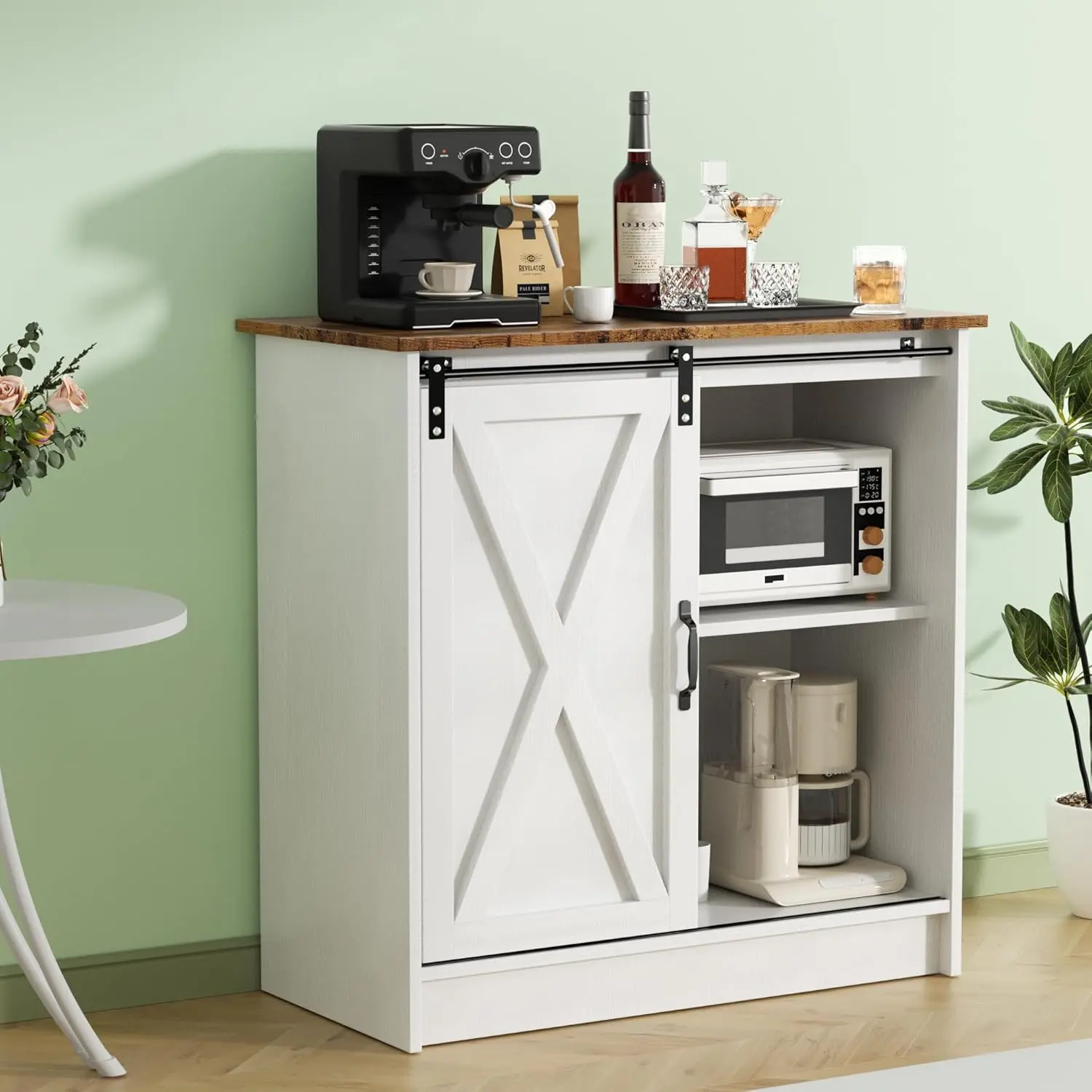 Farmhouse Console Table with Sliding Barn Door, Wood Buffet Sideboard and Coffee Bar Cabinet with Storage for Living Room or Kitchen, Freestanding Buffet Cabinet, Hutch Bar Cabinet