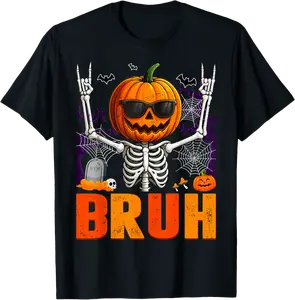 Bruh Rock Skeleton Jack O Lantern Halloween Costume Boy Men T-Shirt - Judithca Shop 69B0FHLRX6R9