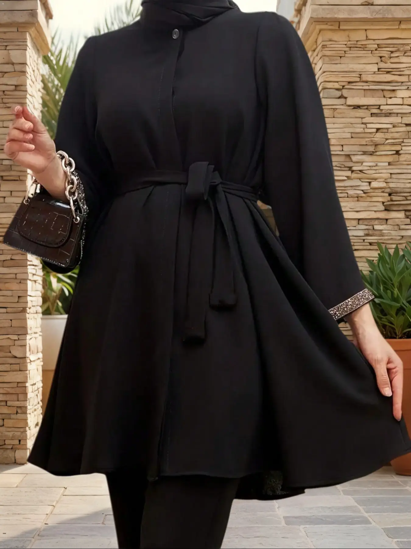 Women's Solid Color Long Sleeve Belted Blouse, Casual Round Neck Top for Daily Wear, Ladies Islamic Clothing for All Seasons