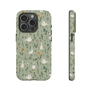 Cute Silly Goose Phone Case for iPhone 17 16 15 14 13 12 11 Pro Max Plus, Cottagecore Floral Aesthetic, Funny Duck Bird Lover Gift, Sage Green Botanical Cover, Aesthetic Tough Case for Her