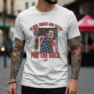 Jack Hughes Bloody Shirt, Blood Sweat and Teeth for the Gold USA Hockey Tee,Golden Goal T-Shirt - hck10018