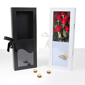 Value Bulk Lot-qty.10-Large Presentation Box for Long Stem Roses with Clear Window and Satin Ribbon, Various Colors
