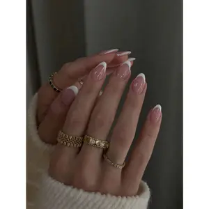 30PCS Short Almond French Manicure Press-On Nails – Classic White Tips with Glossy Finish!