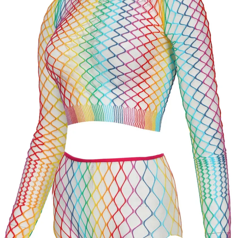 Women's Rainbow Color Fishnet Cover Up Set, Casual Hollow Out Long Sleeve Cover Up without Bikini Set, Ladies Beach Holiday Vacation Clothes Swimsuit Cover Ups Swimsuit Coverup Swimwear Coverups