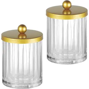 Qtip Holder Dispenser for Bathroom Clear Glass Canister Apothecary Jar for Cotton Swabs Cotton Balls Makeup Pads Floss Picks Container for Countertop Vanity Storage Organizer Gold 2 Pack