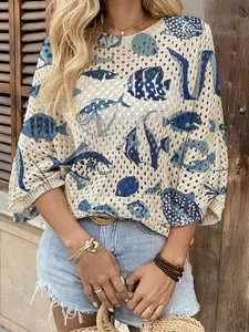 Summer Round Neck Batwing Sleeve Knit Top, Fish Print Boho Beach Cover-Up, Casual Elegant Commuter Vest, Bikini Cover-Up for Women