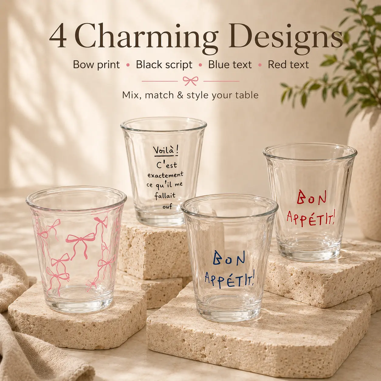 Viral French Cafe Aesthetic Glass Cup Set (4 Designs) - Pink Bow & Bon Appétit Print Drinking Glasses, Cute Home Cafe & Brunch Tableware