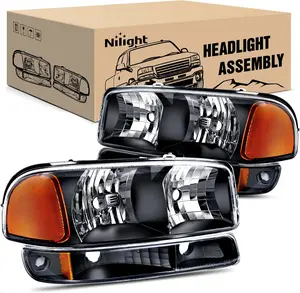 Nilight Headlight Assembly Compatible for 1999 2000 2001 2002 2003 2004 2005 2006 GMC Sierra Yukon, Black Housing Amber Corner Clear Lens, Headlights Assembly Replacement