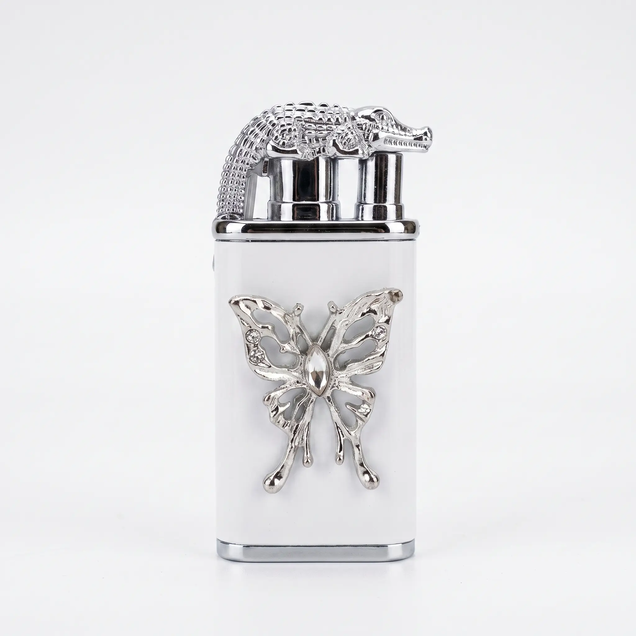 Glossy Elegant 3D Crocodile Windproof Dual-Flame Torch Lighter with Crystal Butterfly, Refillable White-Silver Metal Lighter (No Butane Gas Included) - Valentine's Day Christmas Gift for Her Girlfriend