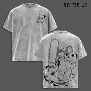 Denji & Pochita Shirt - Chainsaw Man Anime Graphic Tee Oversized Acid Washed Soft Cotton Men Shirts Anime Streetwear Casual Clothes Men Gift for Anime Fans Chainsaw Man Merch